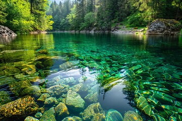 Wall Mural - Crystal-clear water of a secluded mountain pool hidden deep in the forest