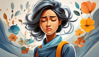 Wall Mural - Sad upset disappointed depressed Asian cartoon character girl young woman female person with closed eyes in 3d style design on light background. Human people feelings expression concept