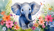 watercolor style illustration of happy baby elephant in flower blossom garden, idea for home wall decor, kid room