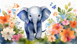 watercolor style illustration of happy baby elephant in flower blossom garden, idea for home wall decor, kid room