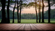 Wood floor with blurred trees of nature park background and summer season product display montage