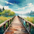 wooden pier with nature landscape, artful painting style illustration with grungy brush stroke texture