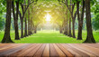 Wood floor with blurred trees of nature park background and summer season product display montage