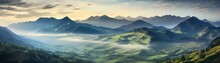 Misty Mountains At Sunrise, Light Creeping Over Peaks, Empty Landscape, Remote Highlands, Serene And Peaceful, HDR Photography, Avoid Recognizable Landmarks