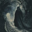 A dark figure in a long black cloak walks through a tunnel.