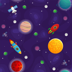 Poster - Space cartoon seamless pattern.  Cute design for