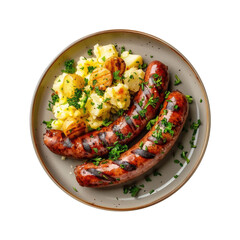 Poster - Delicious Plate of Grilled Sausages and Potato Salad Isolated on a Transparent Background 