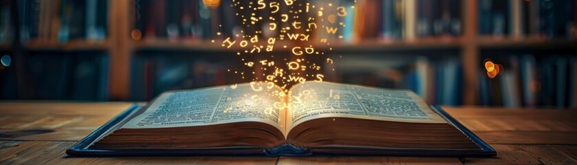 Wall Mural - An open book with glowing letters floating out of it.