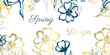 Decoration frame with copy space and beautiful spring flowers in blue and gold colors. Spring vector banner.