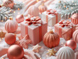 A pink, white and gold color scheme background with Christmas basrelief decorations, such as snowflakes, stars and gift boxes scattered on pink.