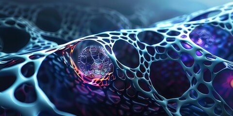 A vivid of interconnected neon mesh in purple and blue with intricate details.