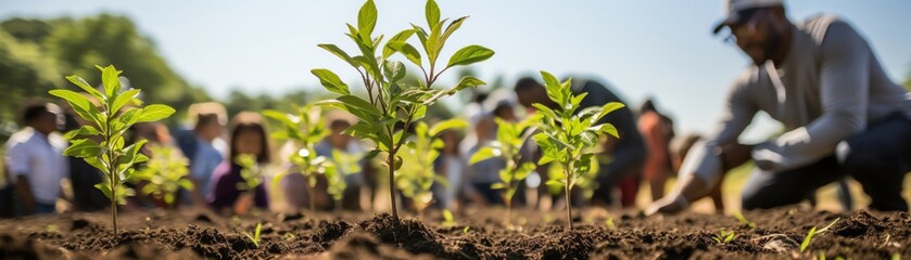 community tree planting day, families and volunteers planting saplings, local park, green and commun