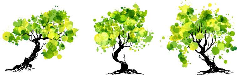 Wall Mural - artistic trees with green paint splashes leaves. hand drawn isolated design elements with ink textur