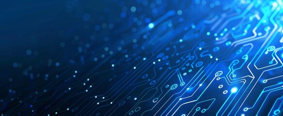 Blue digital technology background with a circuit board pattern and glowing dots on a dark blue background Generative AI