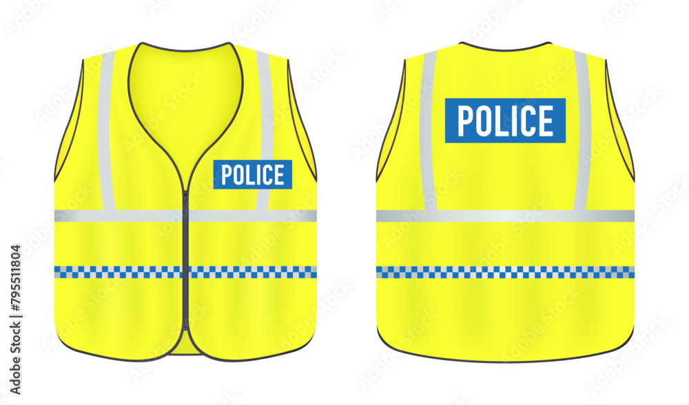 Safety reflective vest with label Police tag flat style, traffic and ...