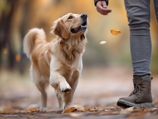 A person is holding a dog's paw and the dog is looking at the person. The dog is brown and he is happy