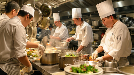 An action-packed commercial kitchen scene with chefs in white uniforms preparing various dishes, showcasing culinary skills and teamwork