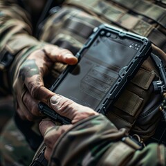 A man is holding a cell phone with a black case