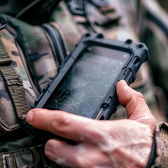 A man is holding a cell phone with a black case