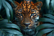 Portrait of leopard behind the bushes. Strong and wild animal in the jungle.