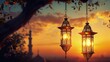 Bathed in the golden light of the setting sun, a picturesque mosque stands amidst a tranquil setting. 