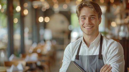 A happy man in a formal wear apron is in a restaurant holding a menu