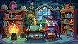 house of a witch or sorcerer with a bunch of different elements in the form of a potion, a book of spells, an open fire,