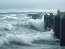 The Ocean Is Rough And The Waves Are Crashing Against The Pier. The Pier Is Lined With White Lights And There Are Two Orange Buoys In The Water