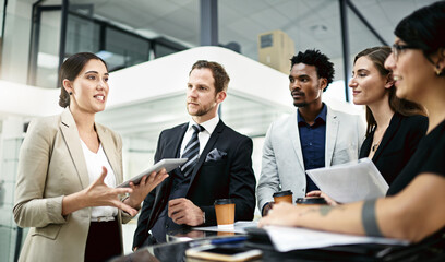 Aufkleber - Diversity, staff and discussion in office for business project, documents and explain for meeting. Company, tech and global people with conversation, tablet and teamwork with research for strategy