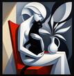 woman hugging a black cat, abstract art
