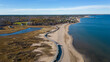 Aerial Drone View Of A Beautiful Beach and Boardwalk On The Coast Of The Atlantic Ocean in Bouctouche, New Brunswick, Canada