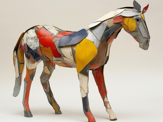 Wall Mural - A horse made of different colored pieces of metal. The horse is standing on a white surface