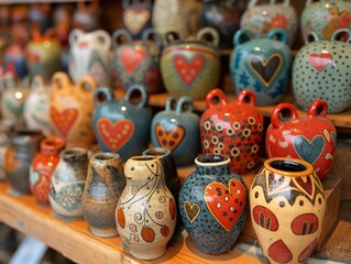 Wall Mural - A display of many different vases with hearts painted on them. The vases are arranged on a shelf and come in various colors and sizes. Scene is warm and inviting