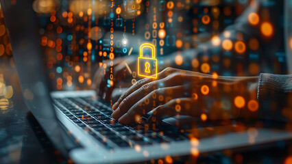 Business working on his laptop in the office, select the icon security on the virtual display. Business, technology, internet and networking concept.