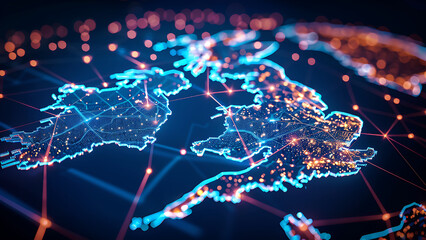 Wall Mural - Map of United Kingdom with networks. Global communications systems and communications satellites. Connection concept.	