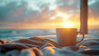© cfhdesign - cup of coffee resting on luxurious bedding overlooking a wonderful sunrise