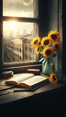 A nostalgic scene by a window. The focus is on a wooden windowsill with an open book