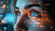 Close up of woman's face with data reflection on her face