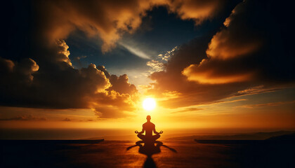 Wall Mural - A person in silhouette sitting cross-legged on the ground, meditating as the sun sets. The scene captures the serene beauty of the golden