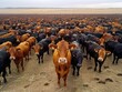 A herd of cows are standing in a field. The cows are brown and black