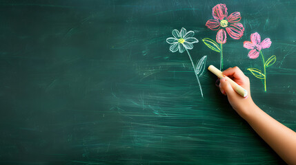 Wall Mural - A hand holding chalk draws flowers on a green blackboard background. Copy space area. Teachers day. Back to school. Student day