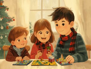 Sticker - A man, a woman and a child are playing a board game together. The man is wearing a red scarf and the woman is wearing a green scarf. Scene is happy and playful