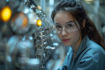 A young female engineer wearing safety goggles looks intently at industrial machinery, highlighting her focus and expertise