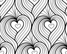 Abstract Vector Seamless Floral Background Of Doodle Hand Drawn Lines. Monochrome Wave Pattern. Coloring Book Page. Black White Heart Wallpaper.