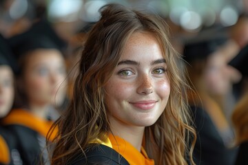 Sticker - Smiling female graduate with freckles and soft brown hair at graduation event