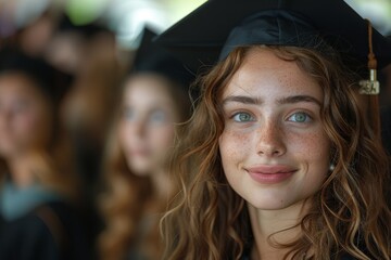 Sticker - Young woman with graduation cap smiling in a crowd during commencement