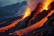 Lava flow flows down the mountain, Frightening dangerous landscape, Ai generated