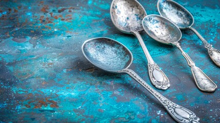 Wall Mural -   Four spoons arranged on a blue countertop, adjacent to a cup and saucer