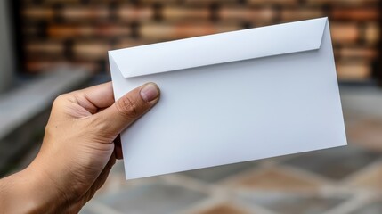 Poster -   A hand holds a white envelope against a brick wall backdrop, with a door and a sheet of paper visible in the foreground