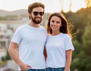 Wall Mural - young loving couple with mockup White t-shirt Mock-up for text brand happy lovely man and woman outdoor in summer day